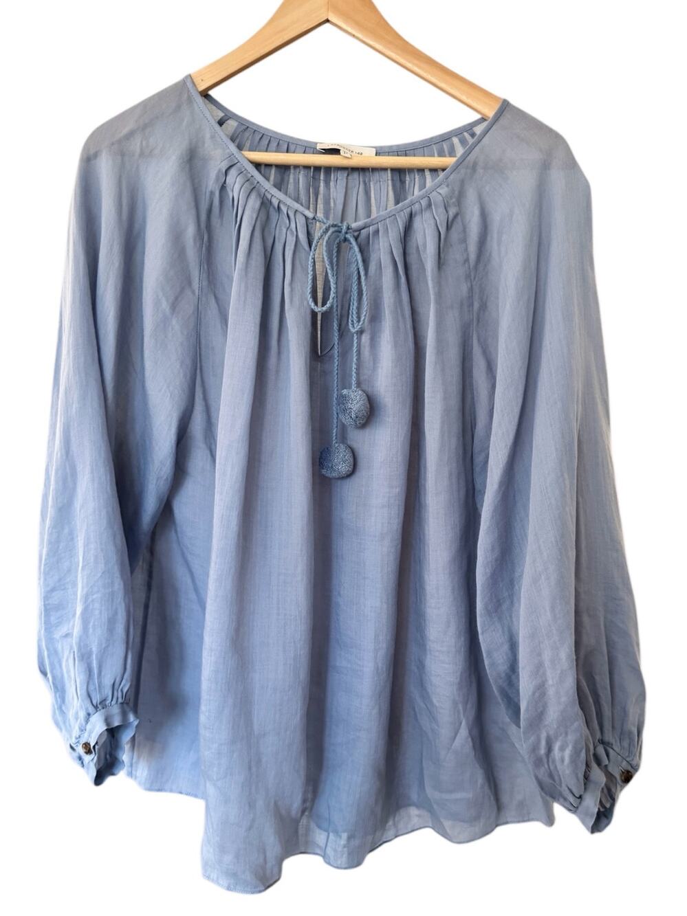 Lafayette 148 Light Blue Cotton Blouse Pom Pom Tie Neck Long Sleeve Sz M